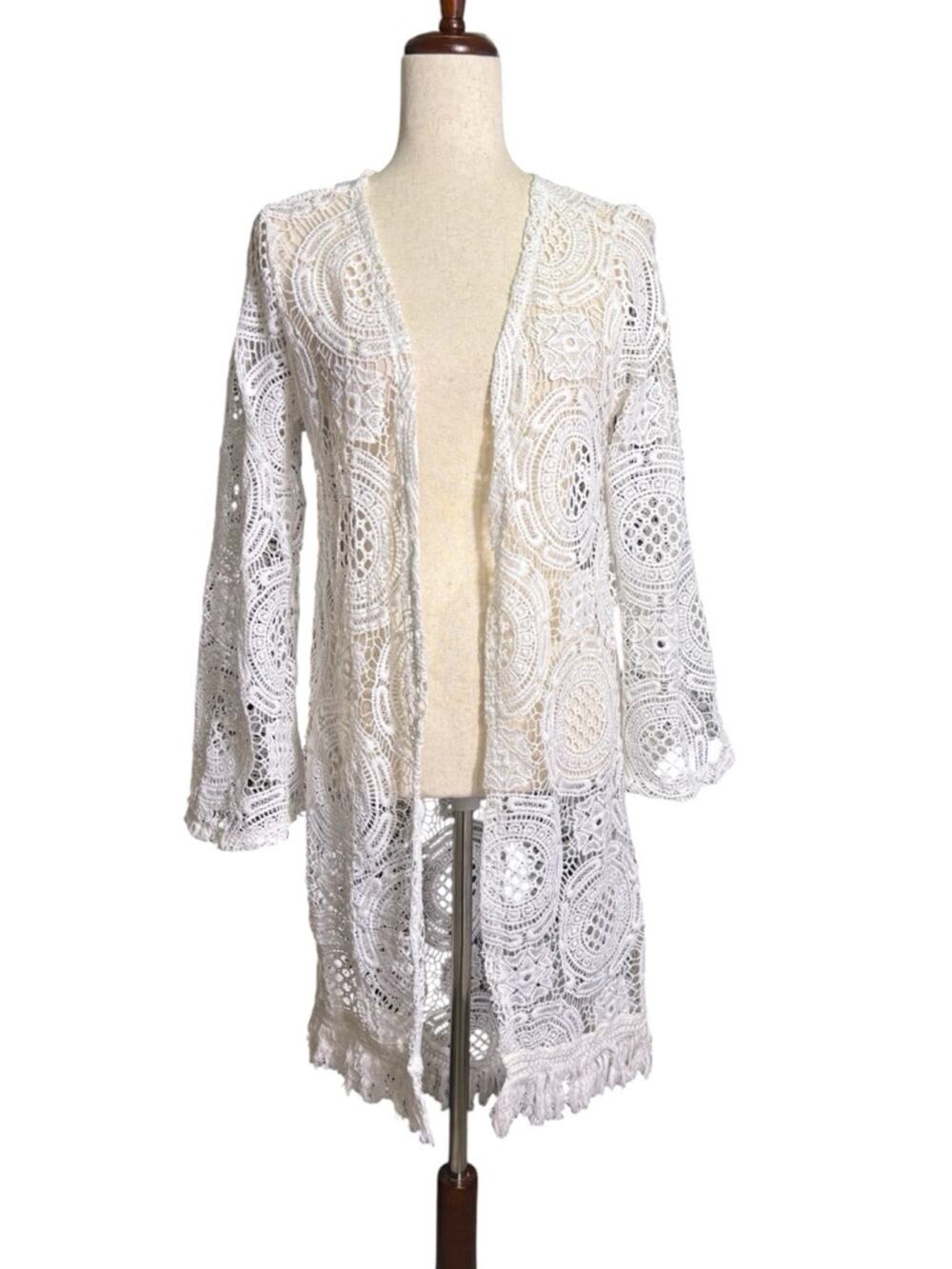 Retro Threads White Crochet Open-Front Duster Kimono Size Medium 1390
